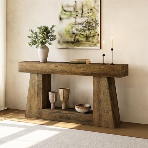 LITTLE TREE 63" Farmhouse Console Table with Storage, Rustic Sofa Table for Entryway, Narrow Long Sofa Table Behind Couch, Console Table for Living Room, Hallway—Versatile Storage Solution, Oak LITTLE TREE