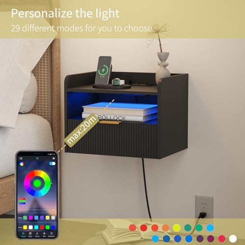 Veegle White Floating Nightstand with Charging Station and LED Lights (Black) Veegle