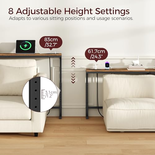 MAHANCRIS 78.7'' Narrow Console Table with Adjustable Height (24.3"-32.7") & 2 Power Outlets, Skinny Sofa Table Behind Couch, L-Shaped Long Entryway Table for Living Room, Rustic Brown CTHR820E01 MAHANCRIS