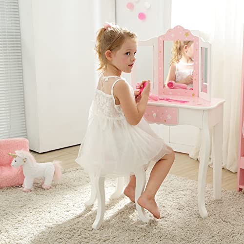 Teamson Kids Princess Gisele Twinkle Star Print 2-Piece Kids Wooden Play Vanity Set with Vanity Table, Tri-Fold Mirror, Storage Drawer, and Matching Teamson Kids