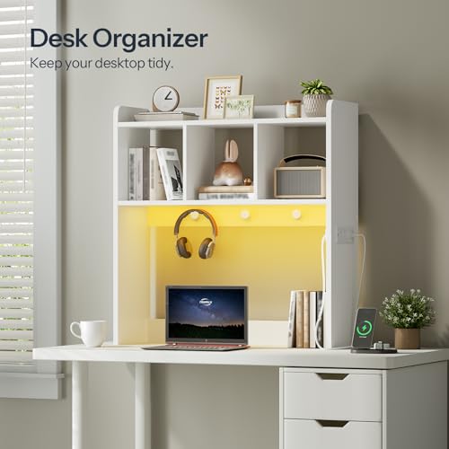 HOOBRO Desktop Bookshelf, Office Desktop Shelf, Desk Hutch with Outlets, Wooden Office Desktop Bookcase, Desktop Organizer Shelf with LED Light Strip and 3 Hooks, for Home, Study, White WT12UDSJ01 HOOBRO