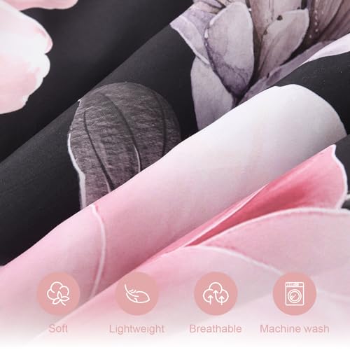 Floral King Size Comforter Set - 7 Piece Botanical Black and Pink Bed in a Bag Ulter Soft Microfiber Bedding Set, Lightweight Bed Comforter Set with Sheets for All Season (Black, King) LLDSYW