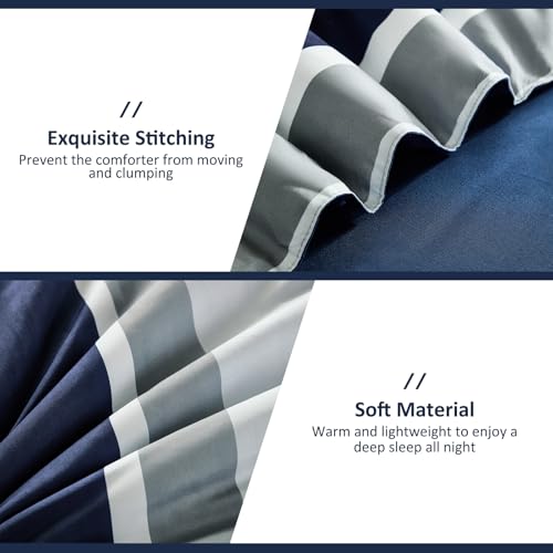 WONGS BEDDING Queen Comforter Set, 7 Pieces Navy Blue Comforter Set Queen Size, Soft Striped Bed in a Bag Bedding Set with Comforter, Flat Sheet, Fitted Sheet, Pillow Shams, Pillowcase WONGS BEDDING