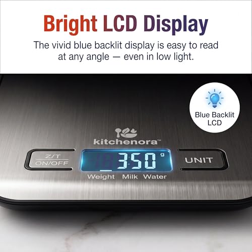 KitchenOra Digital Food Kitchen Scale, 11lb/5kg Capacity with 1g Precision, 5 Units (g/oz/lb:oz/ml/fl'oz), 304 Stainless Steel Surface, Backlit LCD, Tare Function for Cooking, Baking, Keto & Meal Prep