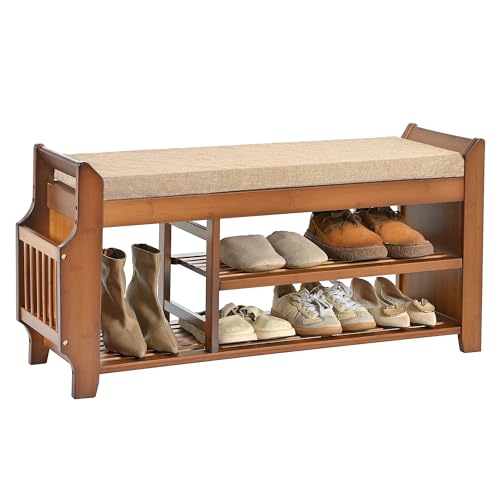 PETKABOO Shoe Bench with Hidden Drawer and Side Holder, 2 Tier Entryway Bench with Storage 39.4 in, Bamboo Shoe Rack with Cushion for Entryway Hallway Living Room Bedroom PETKABOO
