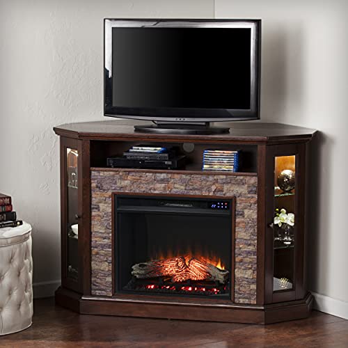SEI Furniture Redden Faux Stone Corner Convertible Electric Fireplace with Media Storage, New Espresso SEI Furniture