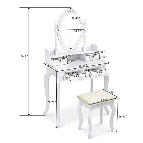 European - Style 4 - Drawer Single - Mirror Dressing Table Set in White - 360 - Degree Rotating & Removable Mirror Generic
