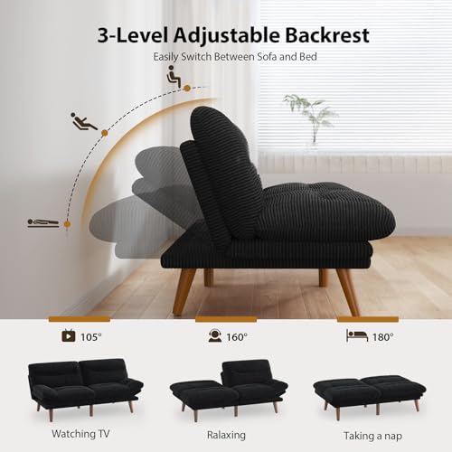 Pipishell Futon Sofa Bed, Modern 66" Futon Couch Convertible to Bed & Lounger, Compact Size, Corduroy Loveseat, Durable Construction - Fits Small Spaces, Apartments,Study Room(Ink Black, 66 Inch) Pipishell