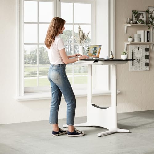 COLAMY Electric Adjustable Standing Desk – 48 x 28 Inch Sit Stand Desk with Drawer & Cable Management, Dual Motor Lift System, Ergonomic Footrest, Home Office Table (Veneer Desktop, Black Oak + White) COLAMY