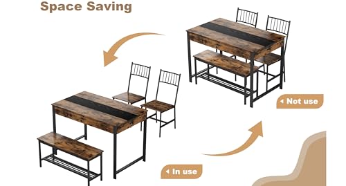 IDEALHOUSE Dining Table Set for 4, Small Kitchen Table and 2 Chairs for 4 with Bench, Breakfast Nook Rectangular Farmhouse Table Set, Space Saving Kitchen Table Set with Storage Drawers, Retro Brown IDEALHOUSE