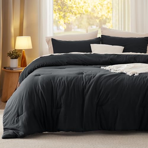 Bedsure Queen Comforter Set, Black Soft Prewashed Bedding for All Seasons, 3 Pieces GentleSoft™ Bed Set, 1 Lightweight Comforter (90"x90") and 2 Pillowcases (20"x26") Bedsure