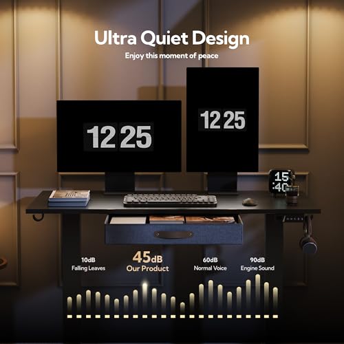 Seang Standing Desk with Drawer, 48" x 24" Height Adjustable Stand Up Desk, 3 Memory Height Settings with Cable Grommets & Storage Hooks, Ideal for Home & Office, Black Seang