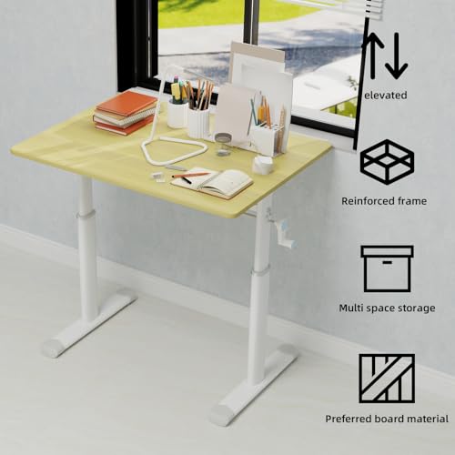 Penau Height Adjustable Standing Desk, Manual Crank Sit Stand Computer Desk, Compact Rectangular Home Office Study Desk, White Frame Natural Wood Top, 32.68 x 23.62 x 35.43 Inchs Penau