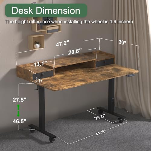 ExaDesk 48×30 Inch Electric Standing Desk with 2 Drawers, Adjustable Height Widened Stand Up Desk with Storage Shelf, Sit to Stand Ergonomic Workstation for Home Office ExaDesk