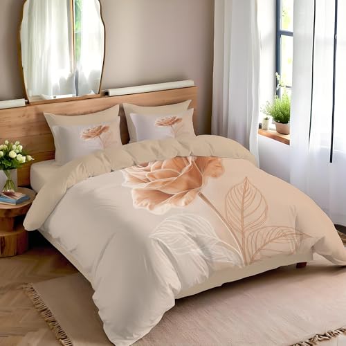 WIVCOMD Hand-Drawn Minimalist King Reversible Duvet Cover Sets Rice Pink Bedding Set, Single Rose Printed Duvet Cover with Pillowcases Zip Closure Perfect for Hot Sleeper WIVCOMD