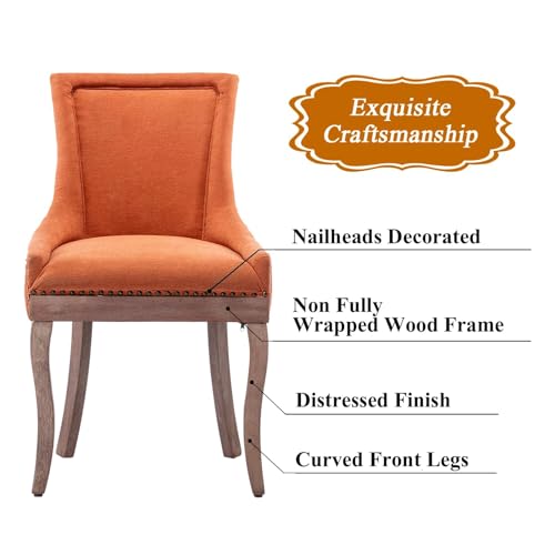 Aoowow Fabric Farmhouse Upholstered Side Chairs Set of 2, Vintage Solid Wood Kitchen Dining Room Chairs with Nailheads Solid Wood Legs (Orange) Aoowow