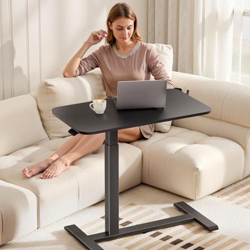 GTPLAYER Small Standing Desk with Hidden Wheels, Pneumatic Mobile Rolling Laptop Desk, Adjustable Height Overbed Bedside Table Computer Workstation for Home Office (32" W x 16" D, Black) GTPLAYER
