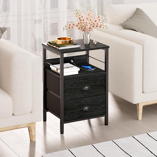 Furologee Nightstand Set of 2, Black Oak, with Charging Station and USB Ports, Side Tables with 2 Fabric Drawers, Bedside Tables with Storage Shelf & Hooks, for Living Room/Bedroom Furologee