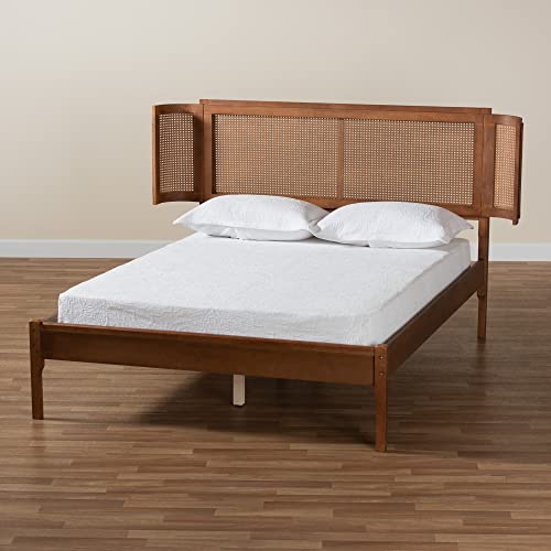 Baxton Studio Eridian Mid-Century Queen Platform Bed in Walnut Brown with Natural Rattan Baxton Studio