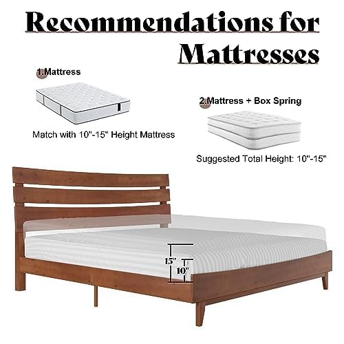 VanAcc King Size Solid Wood Bed Frame, Mid-Century Platform Bed with Slatted Headboard, Wood Slat Support/No Box Spring Needed/Walnut VanAcc