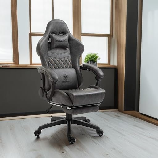 Dowinx Gaming Office, PC with Massage Lumbar Support, Vintage Style PU Leather High Back Adjustable Swivel Task Chair with Footrest (Light Grey) Dowinx