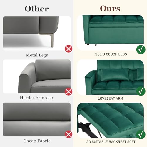 3 in 1 Convertible Sleeper Sofa Bed, Futon Couches for Living Room with Side Pocket | Adjustable Backrest| Velvet Fabric | Pull Out Couch | Love seat Sofa|2-seat Sofa Bed (Green) Generic
