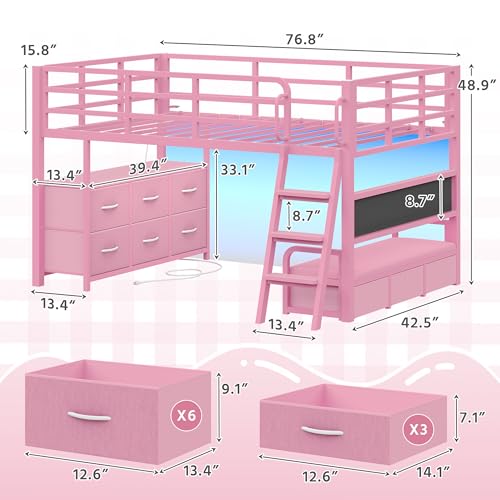 busyaeh Twin Loft Bed,Low Loft Bed with 9 Storage Drawers & 15.8" H Safety Guardrail & Inclined Ladder & Safety Handrail & LED Lights and Charging Station,Kids Loft Bed,Pink busyaeh