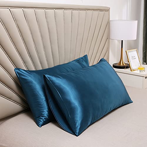 Silky Satin Pillowcase for Hair and Skin Slip Pillow Cases Set of 2 - Satin Cooling Pillow Covers with Envelope Closure (Teal, Queen(20"x30")) UNIKEA