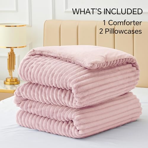 BEDELITE Fleece Queen Comforter Set -Super Soft & Warm Fluffy Pink Bedding, Luxury Fuzzy Heavy Bed Set for Winter with 2 Pillow Cases BEDELITE