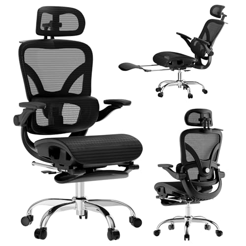 Alllion Ergonomic Mesh Office Chair, Home Desk Chair Comfy High Back with Adjustable Lumbar Support, 3D Headrest, Flip-up Arms, Big and Tall Reclining Computer Gaming Chairs for Men Women, Black Alllion