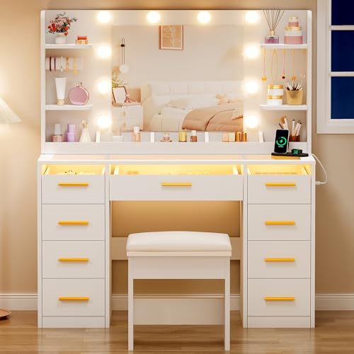 ANWBROAD Vanity Desk with Mirror and Lights 3 Colors Large Makeup Vanity Table Set Transparent Glass Top with 9 RGB Drawers, 4 Shelves Vanity Desk with Stool Power Outlet White Bedroom Women UBDT94W ANWBROAD