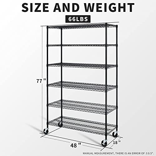 Garage Shelving, 78"x48"x18" Metal Shelves 6 Tier Wire Shelving Unit Adjustable Heavy Duty Sturdy Steel Shelving Rolling Cart with Casters for Pantry HCY