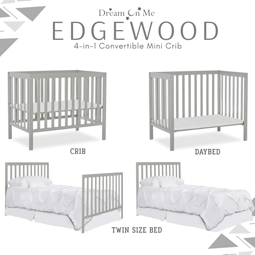 Dream On Me Edgewood 4-In-1 Convertible Mini Crib In White, JPMA Certified, Non-Toxic Finish, New Zealand Pinewood, With 3 Mattress Height Settings, Included 1" Mattress Pad Dream On Me