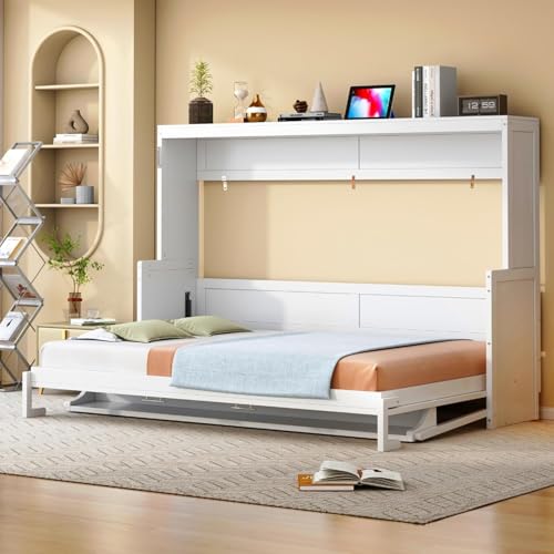 MERITLINE Queen Horizontal Murphy Bed with Desk,Wood Folding Hideaway Murphy Wall Bed for Adult,Guest Room,No Box Spring Needed, Easy Assembly (White,Queen) MERITLINE