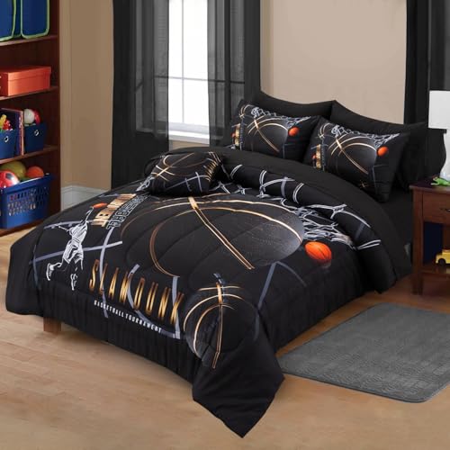 A Nice Night Comforter Set,6 Piece Bed-in-a-Bag with Comforter & Sheet Sets,Basketball Court with Sportsman Slam Dunk Printing for Kids Teen Boys,Queen A Nice Night