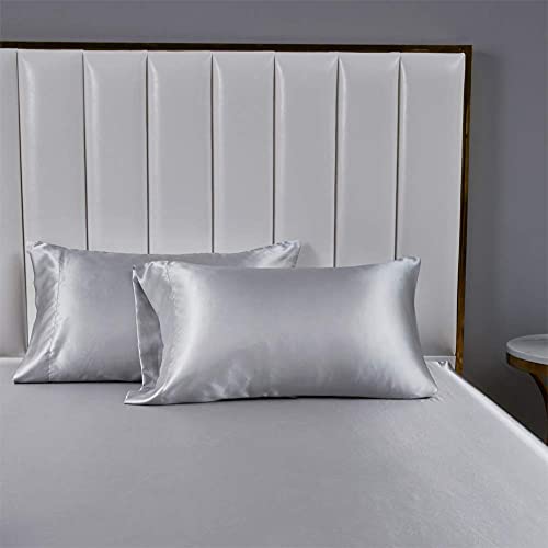 AiMay 4 Piece Twin Size Satin Bedding Sheet Pillowcase Sets Deep Pocket Silky Super Soft Solid Color 1 Flat Sheet 1 Fitted Sheet 2 Envelope Style Pillowcases Sexy Honeymoon (Twin, Silver/Light Grey) AiMay