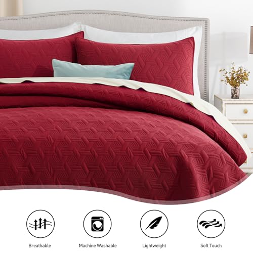 Lavsiry Red Oversized California Cal King Size Quilt Bedding Set with Pillow Shams, Summer Lightweight Bedspread Coverlet, Soft Quilted Blanket Thin Comforter for All Seasons Lavsiry