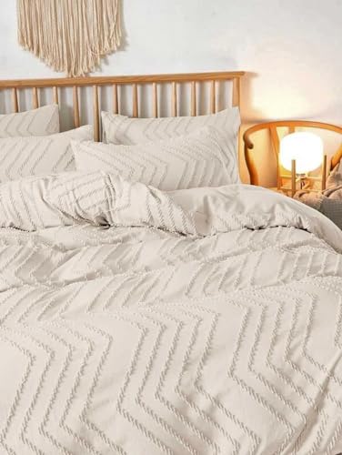 Nanko Beige Duvet Cover Twin Size, 2pc Boho Tufted Microfiber Bedding Comforter Cover Set, All Season Aesthetic Shabby Chic Soft Embroidery Textured Geometric Quilt Cover 68x90 inches Nanko