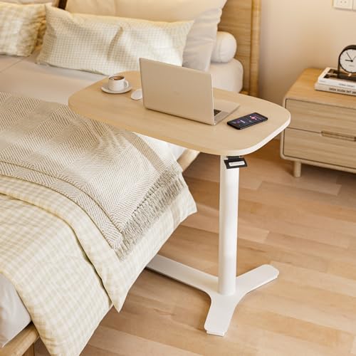 Muvai Overbed Bedside Table with Hidden Casters,30 Inches Adjustable Height Pneumatic Mobile Laptop Standing Desk, Rolling Computer Table for Home & Hospital Use ,Light Rustic Brown 30" W x 17.7" D Muvai