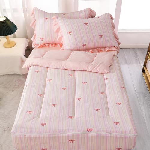 A Nice Night Zipper Bedding Pink Bow Printed on Colorful Rainbow Background Zippered Kids Comforter Set,Seersucker Chic Style Ultra Soft,Twin A Nice Night