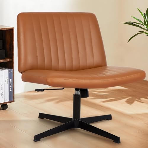 PayLessHere | Criss Cross Chair | Brown | Wide, Armless Desk Chair Without Wheels | 360 Swivel, Height Adjustable & Stable Metal Base | for Office, Home Office, Vanity Seating PayLessHere
