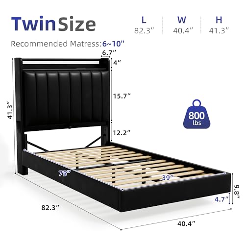 Twin Size Floating Bed Frame with Ergonomic Hidden Storage Headboard and LED Light,Visual Floating Bed Frame with Charing Station,Leather Upholstered Platform Bed for Kids/Boys/Girls,Heavy Duty,Black Jocoevol