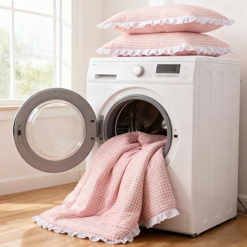 A Nice Night Comforter Twin Size,Pink Ruffle Comforter for Dorm Room Essentials for Twin Bed,Plaid Checkered Chic Bedding Bed in a Bag for Girls A Nice Night