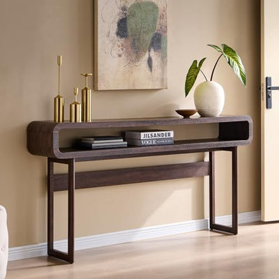 IFGET 63-Inch Long Console Table, 31.5" Tall Modern Entryway Table with Open Storage Shelf, Curved Profile Design, Narrow Wood Sofa Table Behind Couch Tables for Living Room, Hallway, Foyer, Brown