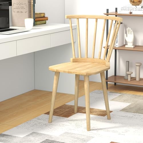 GOFLAME Windsor Dining Chairs Set of 4, Solid Wood Kitchen Chairs with Ergonomic Spindle Back, 400 LBS Weight Capacity, Farmhouse Armless Side Chairs for Dining Room, Living Room, Natural GOFLAME