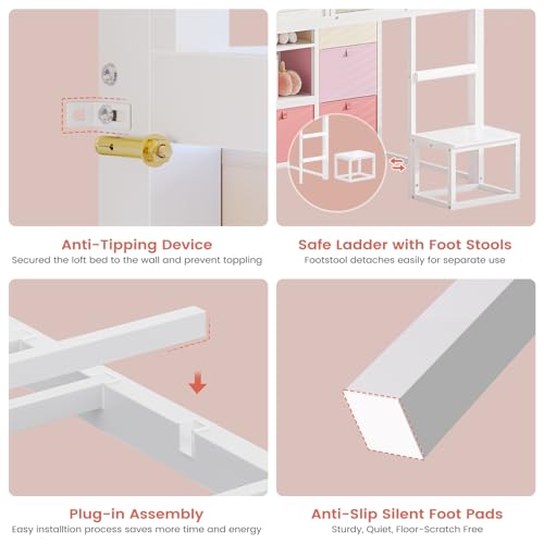 VIAGDO Twin Size Low Loft Bed with 9 Storage Drawers, Bookcase and LED Lights, House-Shaped Metal Twin Loft Bed with Step Stool and Safety Guardrail, Kids Loft Bed with Under-Bed Play Space, White VIAGDO