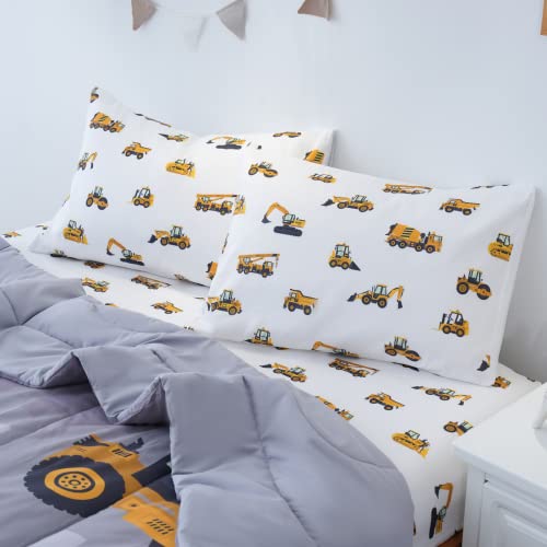Cokouchyi Twin Size Comforter Set for Boys, 4-Piece Bed in a Bag, 3D Construction Bedding Comforter Sheet Set, Ultra Soft and Fluffy, Cartoon Truck Cars Cokouchyi