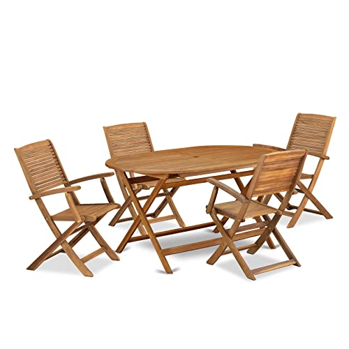 East West Furniture Diboll 5 Piece Outdoor Patio Dining Sets Consist of an Oval Acacia Wood Table and 4 Folding Arm Chairs, 36x60 Inch, Natural Oil East West Furniture