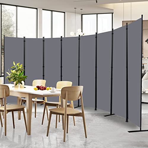 Room Divider Folding Privacy Screens with Wheels, 6FT Tall Divider for Room Separation, Movable Room Partitons and Dividers, Indoor Room Dividers Panel with Fabric (Grey, 8 Panel-176‘’-Flat Base) HOMSCREENER