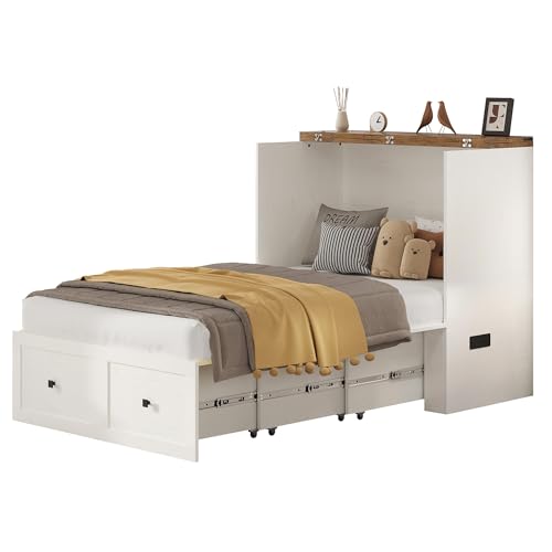 AMERLIFE Twin Murphy Bed Cabinet with Charging Station and Storage Drawer, Farmhouse Foldable Platform Bed for Home Office, Apartment, Small Spaces, Distressed White AMERLIFE